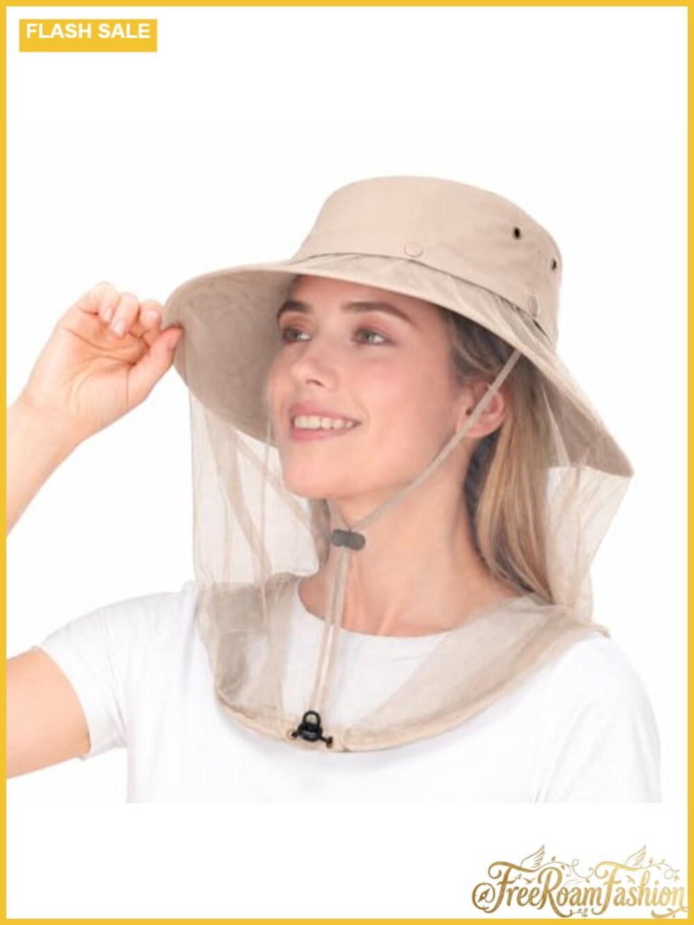 Wide Brim Bucket Sun Hat with Concealable Mosquito Mesh & Chin Strap